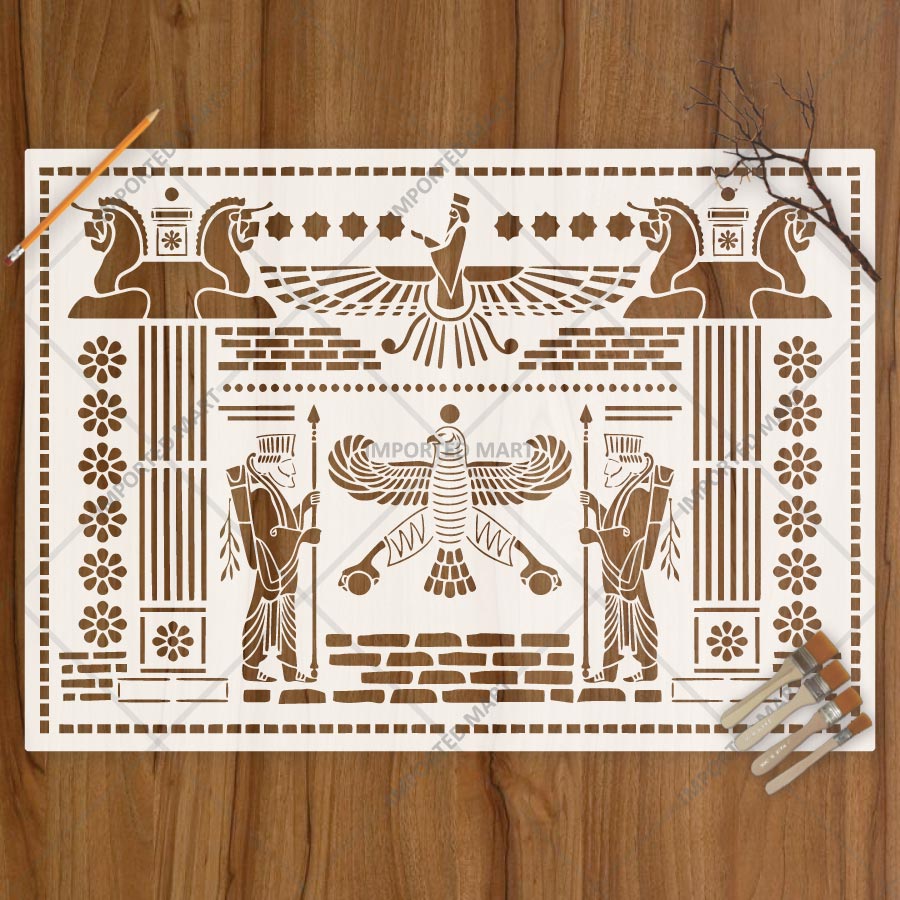 Ancient Persian Frieze Stencil for Wall, Furniture & Floor Décor – Royal Achaemenid Eagle & Guard Pattern – ID# 729