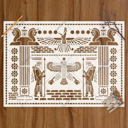 Ancient Persian Frieze Stencil for Wall, Furniture & Floor Décor – Royal Achaemenid Eagle & Guard Pattern – ID# 729