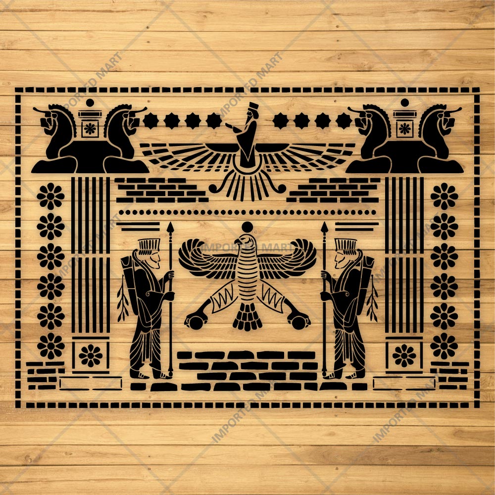 Ancient Persian Frieze Stencil for Wall, Furniture & Floor Décor – Royal Achaemenid Eagle & Guard Pattern – ID# 729