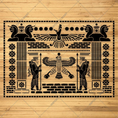 Ancient Persian Frieze Stencil for Wall, Furniture & Floor Décor – Royal Achaemenid Eagle & Guard Pattern – ID# 729