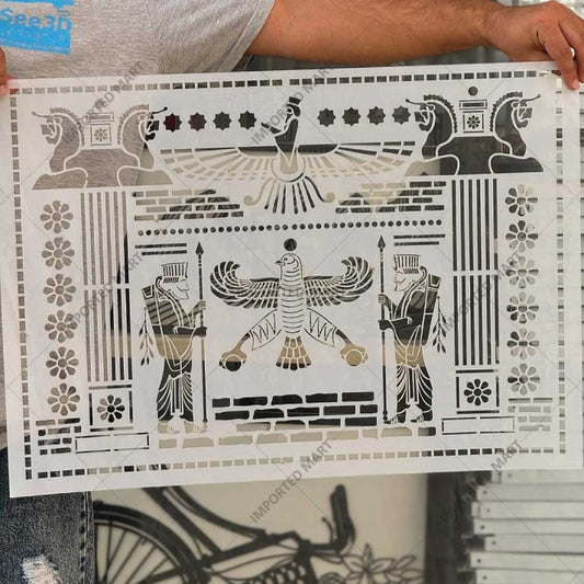 Ancient Persian Frieze Stencil for Wall, Furniture & Floor Décor – Royal Achaemenid Eagle & Guard Pattern – ID# 729