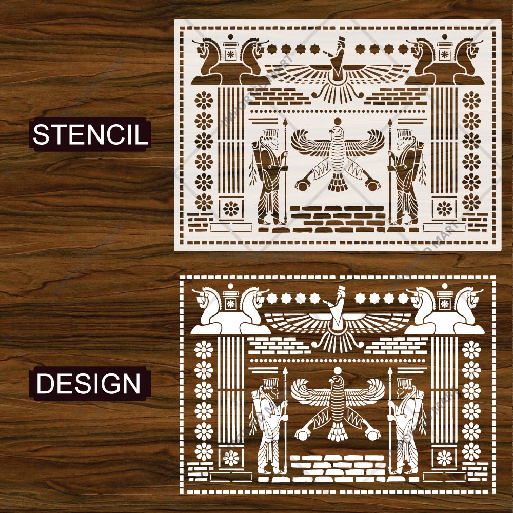 Ancient Persian Frieze Stencil for Wall, Furniture & Floor Décor – Royal Achaemenid Eagle & Guard Pattern – ID# 729