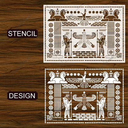 Ancient Persian Frieze Stencil for Wall, Furniture & Floor Décor – Royal Achaemenid Eagle & Guard Pattern – ID# 729