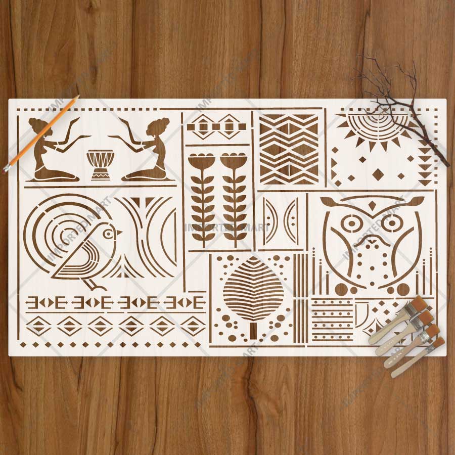 Tribal Totem Pattern Stencil for Wall, Furniture & Fabric Art – Ethnic Geometric & Nature Motifs – ID# 730