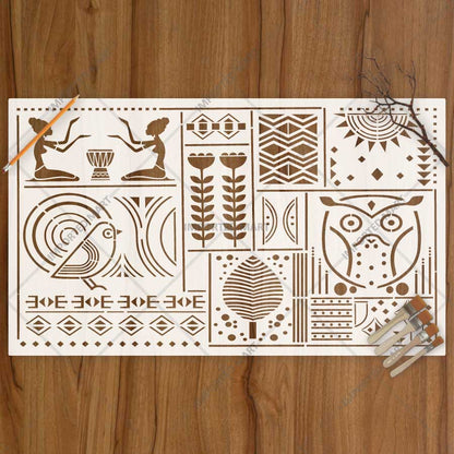 Tribal Totem Pattern Stencil for Wall, Furniture & Fabric Art – Ethnic Geometric & Nature Motifs – ID# 730