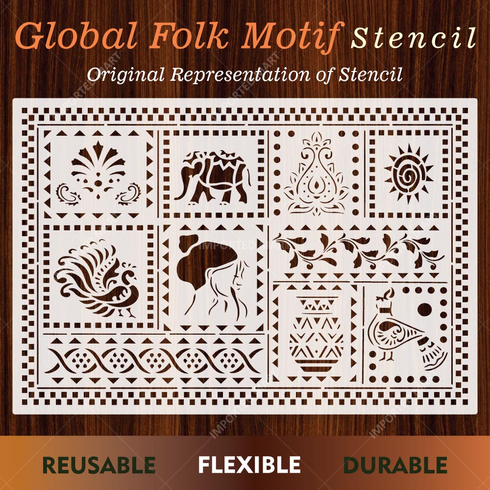 Global Folk Motif Stencil for Wall, Furniture & Fabric Art – Ethnic Folk Animal & Cultural Pattern – ID# 731