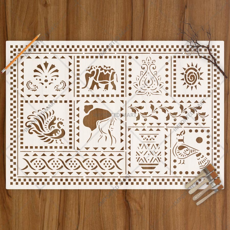 Global Folk Motif Stencil for Wall, Furniture & Fabric Art – Ethnic Folk Animal & Cultural Pattern – ID# 731