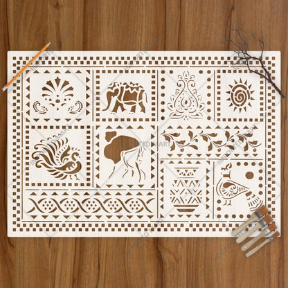 Global Folk Motif Stencil for Wall, Furniture & Fabric Art – Ethnic Folk Animal & Cultural Pattern – ID# 731