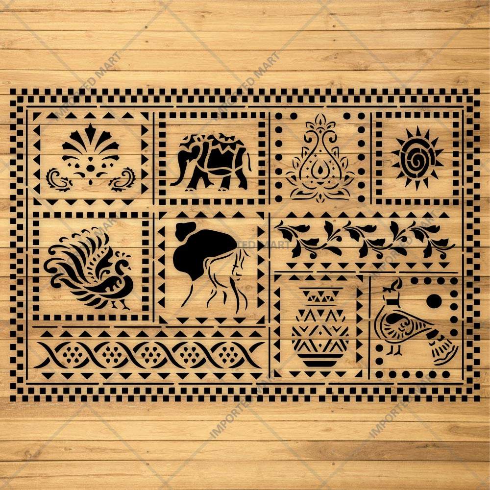 Global Folk Motif Stencil for Wall, Furniture & Fabric Art – Ethnic Folk Animal & Cultural Pattern – ID# 731