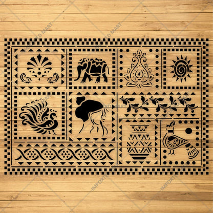 Global Folk Motif Stencil for Wall, Furniture & Fabric Art – Ethnic Folk Animal & Cultural Pattern – ID# 731