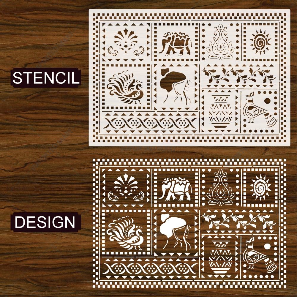 Global Folk Motif Stencil for Wall, Furniture & Fabric Art – Ethnic Folk Animal & Cultural Pattern – ID# 731