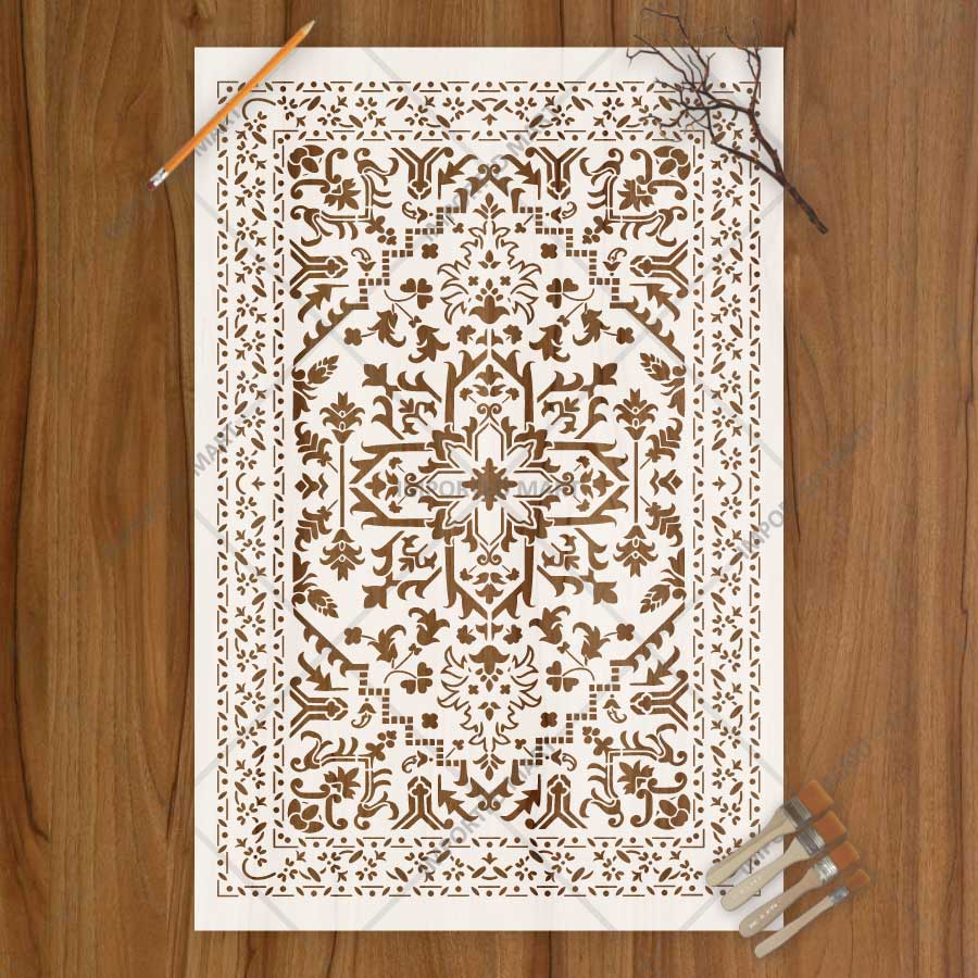 Traditional Symmetry Carpet Pattern Stencil for Wall, Floor & Tile Painting – Vintage Rug Design – ID# 744