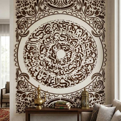 Baroque Crescent Calligraphy Stencil for Wall, Wood & Islamic Art – Ornamental Arabic Script Mandala Design – ID# 54