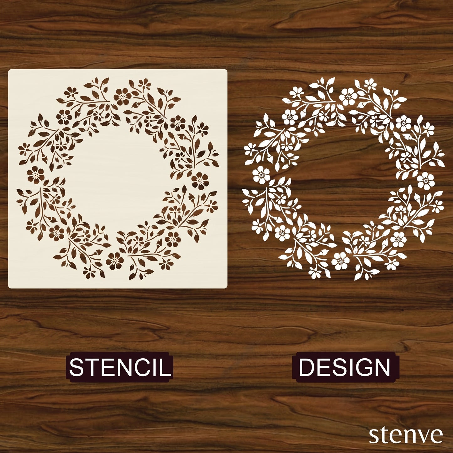 Botanical Circle Wreath Stencil for Wall, Wood & Fabric Art – Floral Ring Frame Design – ID# 763