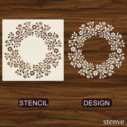 Botanical Circle Wreath Stencil for Wall, Wood & Fabric Art – Floral Ring Frame Design – ID# 763