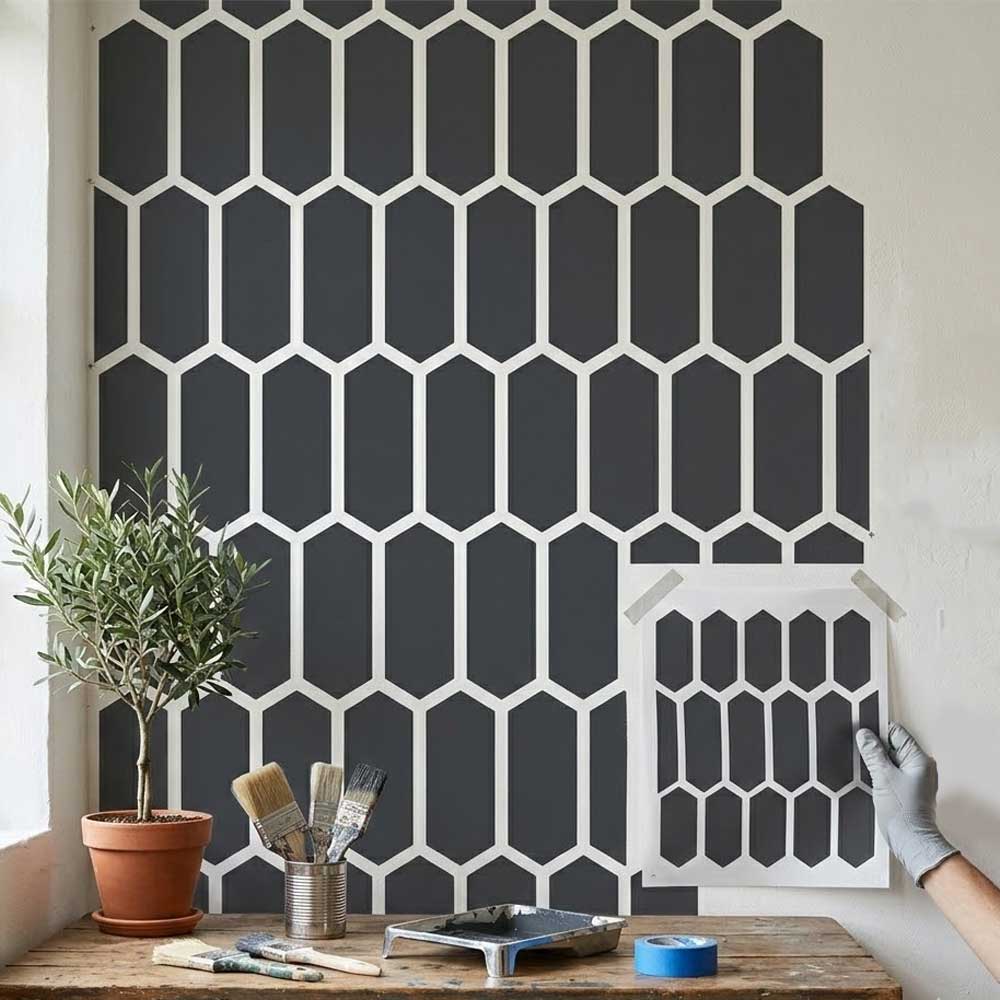 Elongated Hexagon Pattern Stencil for Wall, Floor & Furniture – Modern Geometric Honeycomb Design – ID# 768