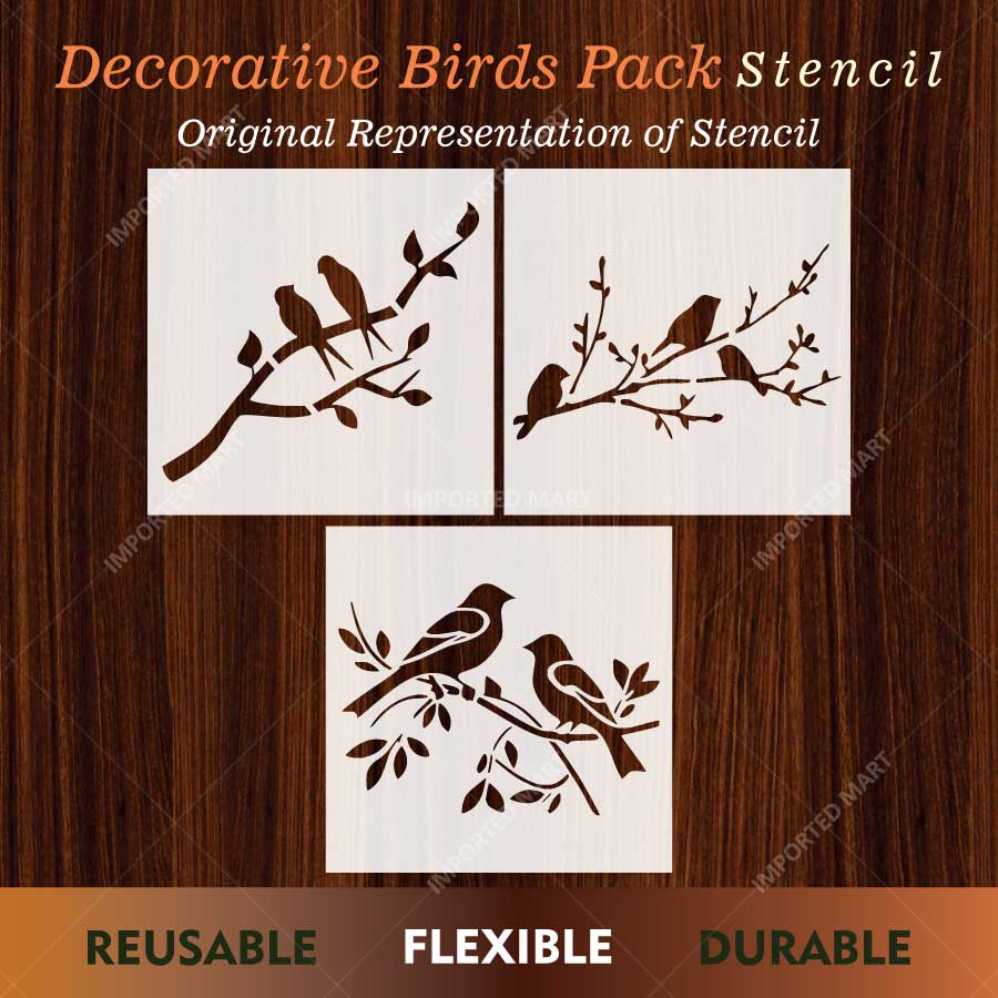 Decorative Birds Branch Pack of 3 Stencil for Wall, Wood, Furniture & Fabric Art – Nature Bird Design Bundle – ID# 771