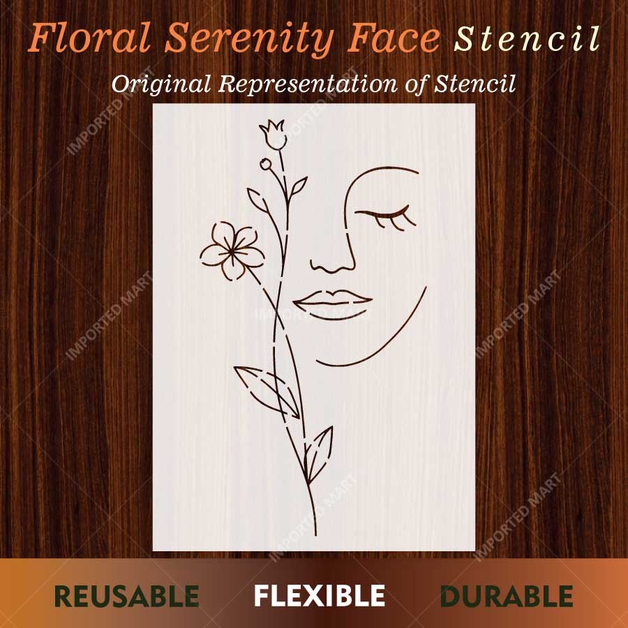 Floral Serenity Face Stencil for Wall, Wood & Fabric Art – Abstract Woman Line Design – ID# 32