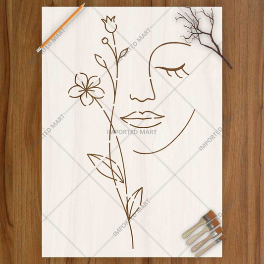 Floral Serenity Face Stencil for Wall, Wood & Fabric Art – Abstract Woman Line Design – ID# 775