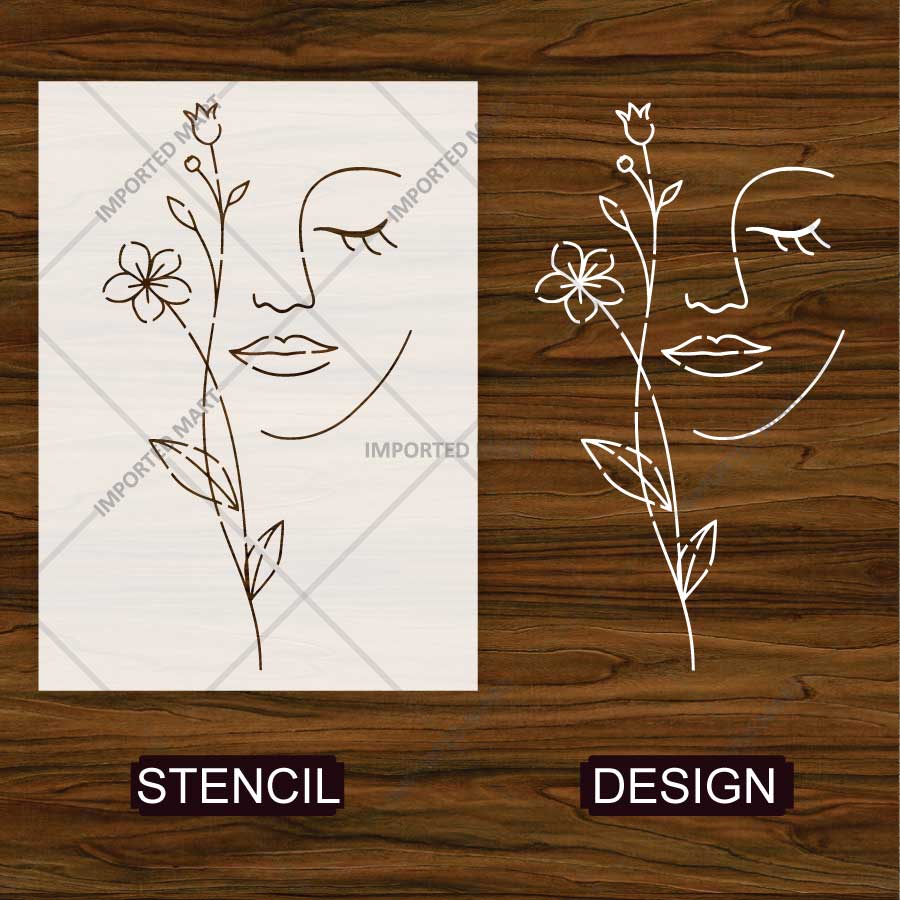 Floral Serenity Face Stencil for Wall, Wood & Fabric Art – Abstract Woman Line Design – ID# 32