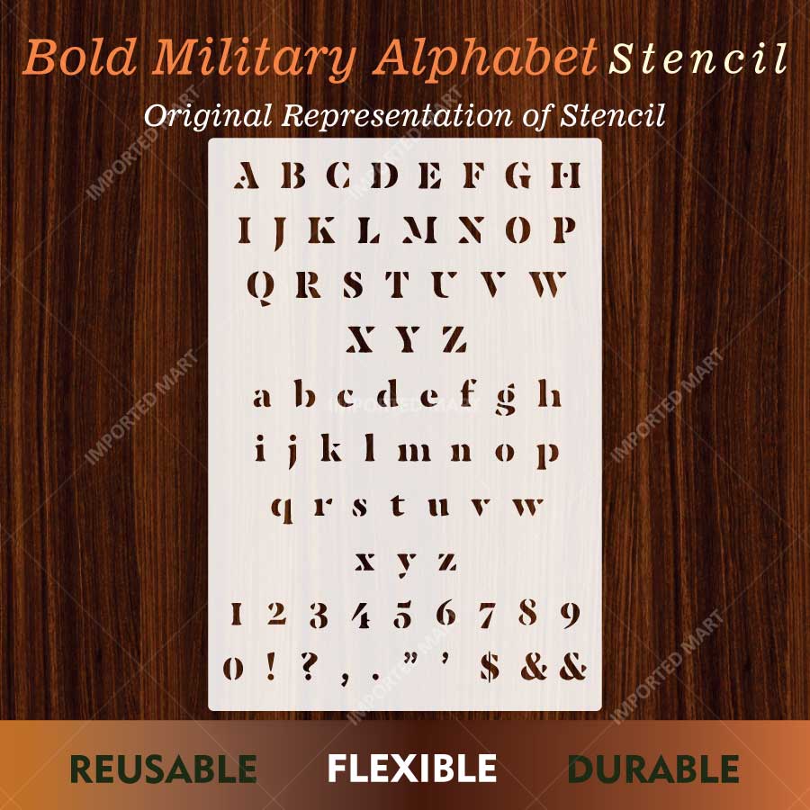 Bold Military Alphabet Letters & Numbers Stencil for Wall, Wood, Fabric & Name Marking – Army Font Design – ID# 27