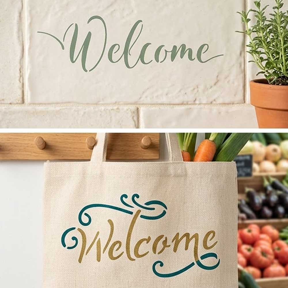 Elegant Script Welcome Word Bundle Stencil for Wall, Door, Wood & Entry Decor – Reusable Calligraphy Design – ID# 26