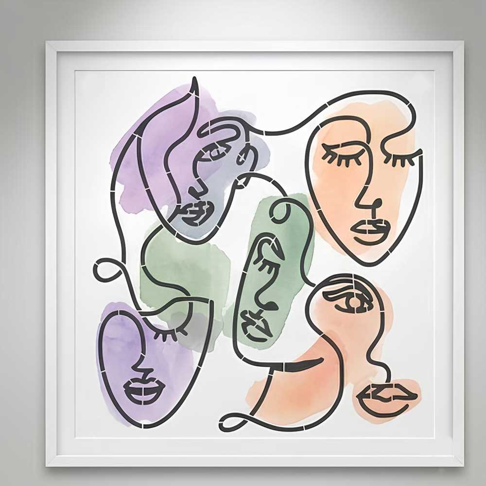 Abstract Faces Line Art Stencil for Wall, Canvas & Furniture – Modern Minimalist Face Design – ID# 11