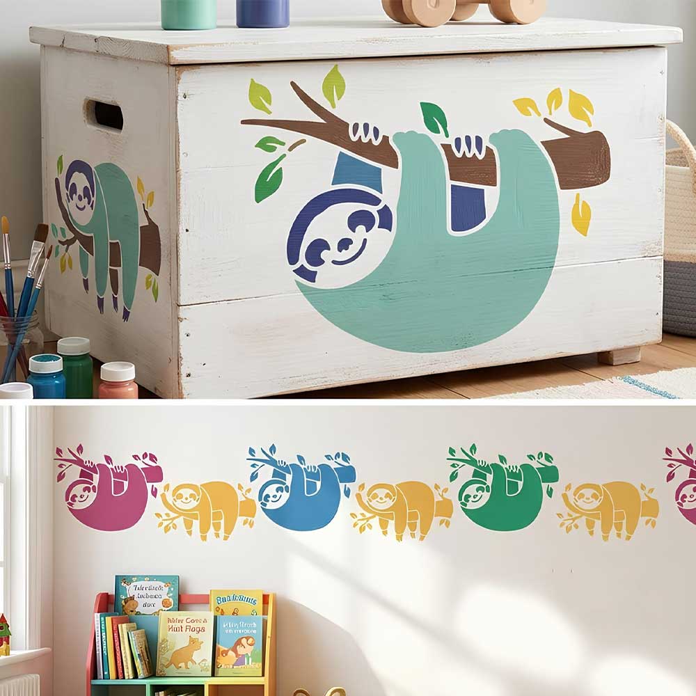 Cute Sloth Stencil for Wall, Kids Room & Furniture – Hanging Sloth Animal Design – ID# 10
