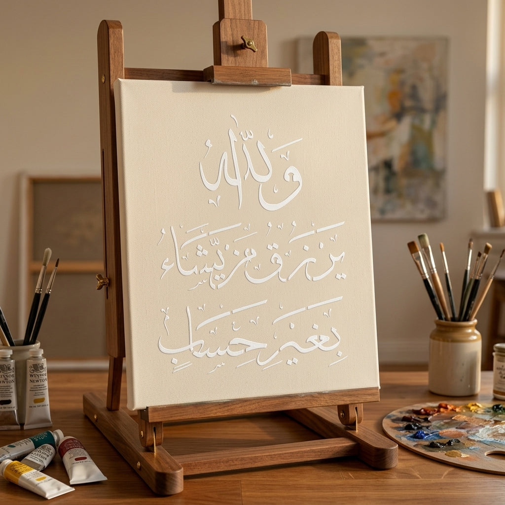 wallaho yarzuqu man yasha ( لَىِٕنْ شَكَرْتُمْ لَاَزِيْدَنَّكُمْ)Surah an-Nur 24:38 Calligraphy Islamic Reusable Stencil for Canvas and wall painting. ID #4232