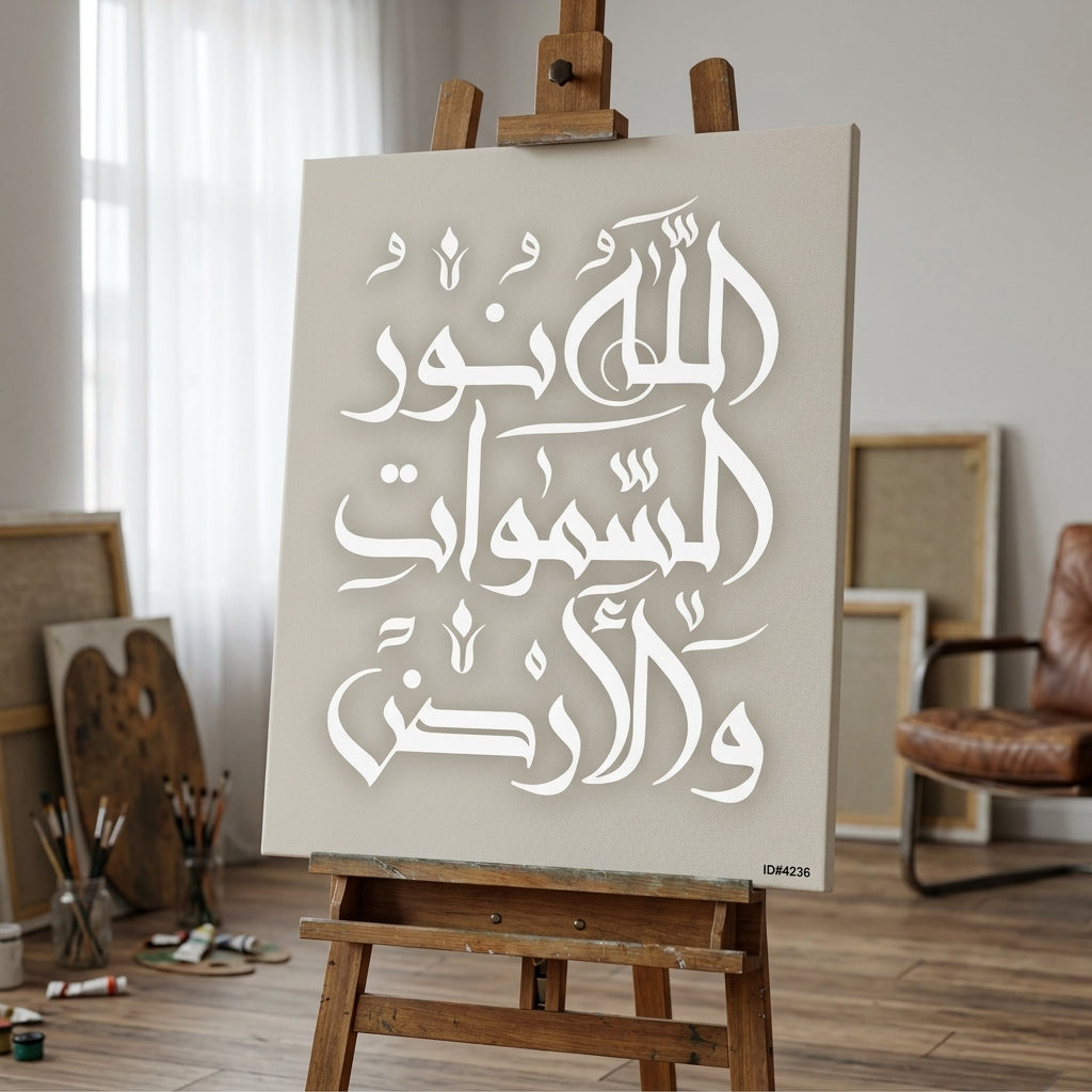 Allahu noorus samawate wal ard (35. Surah-Noor) Calligraphy Islamic Reusable Stencil for Canvas and wall painting.ID#4236