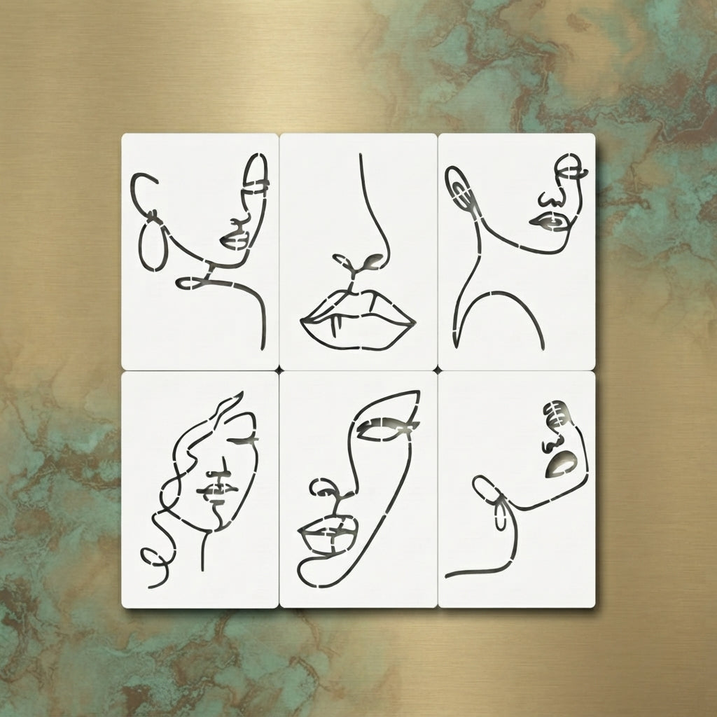 Abstract Face Stencil Bundle for Walls, Canvas & Furniture – Line Art Faces Pack – ID# 655