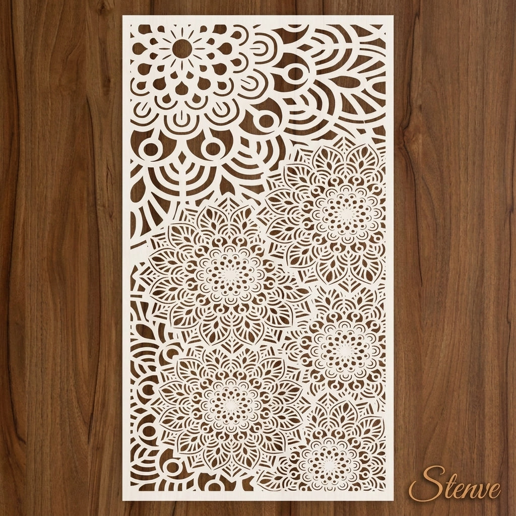 Zen Bloom Mandala Montage Stencil for Walls, Furniture & Canvas – Floral Layered Pattern Design – ID# 739