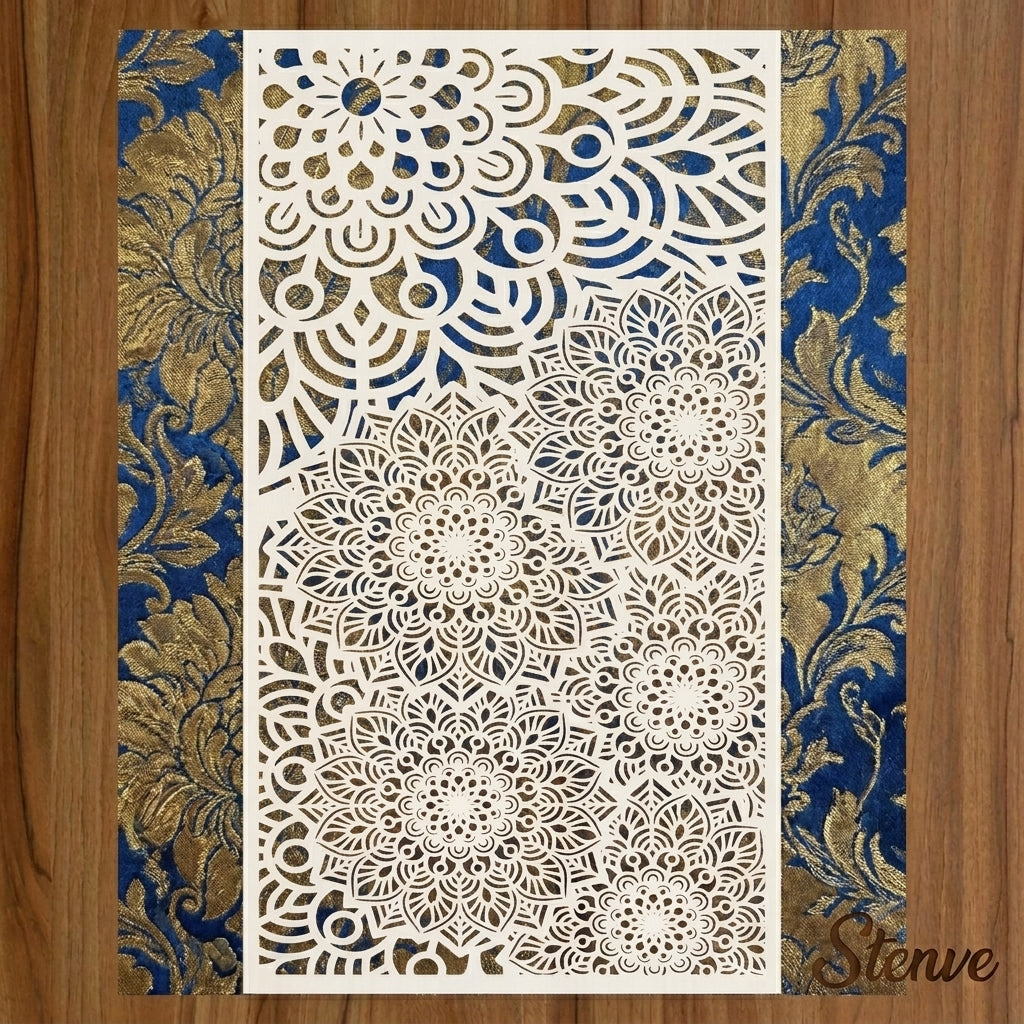 Zen Bloom Mandala Montage Stencil for Walls, Furniture & Canvas – Floral Layered Pattern Design – ID# 739