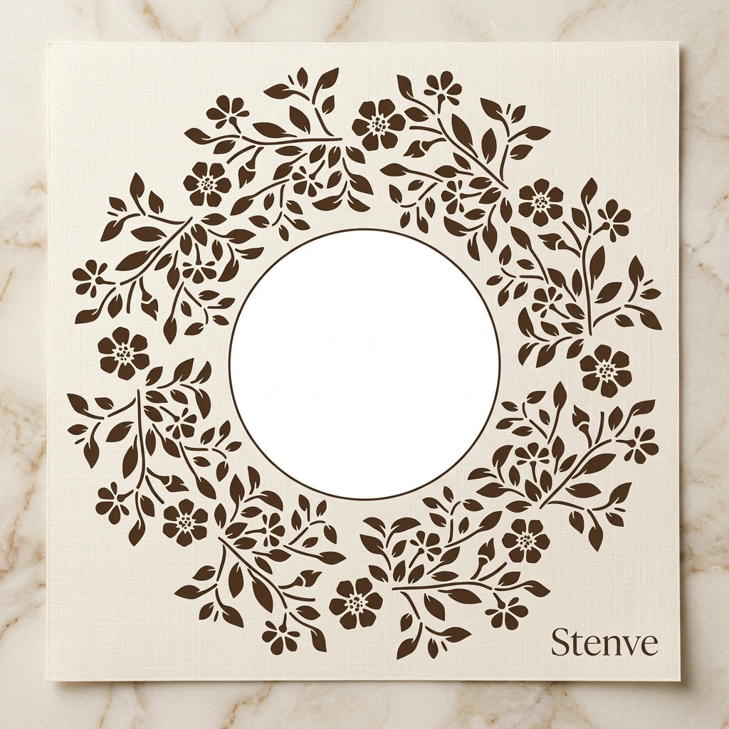 Botanical Circle Wreath Stencil for Wall, Wood & Fabric Art – Floral Ring Frame Design – ID# 763