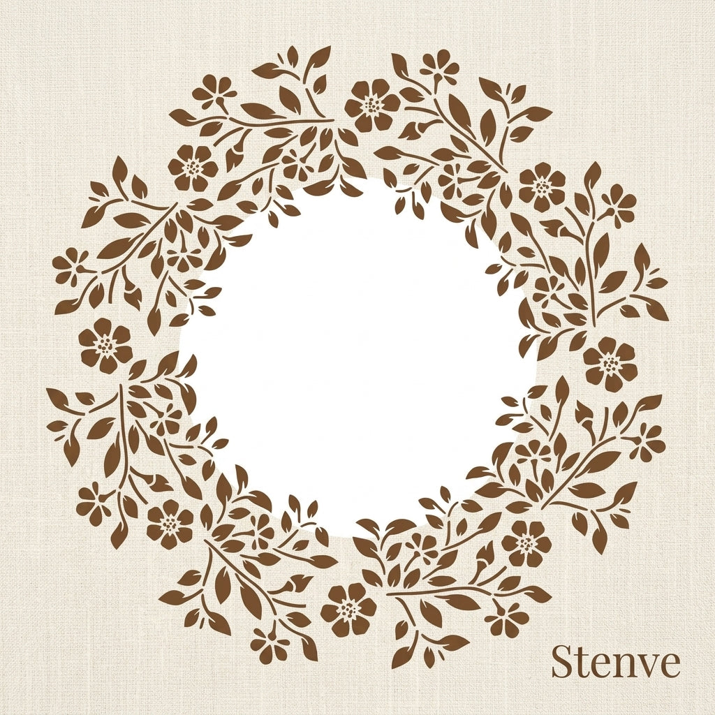 Botanical Circle Wreath Stencil for Wall, Wood & Fabric Art – Floral Ring Frame Design – ID# 763