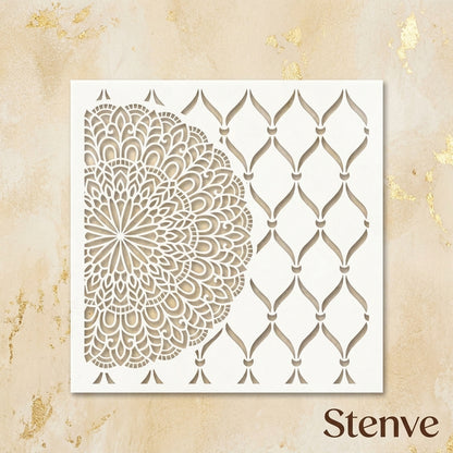Mandala Bloom & Moroccan Mesh Stencil for Wall and Wood Art – Half Circle & Lattice Design – ID# 144