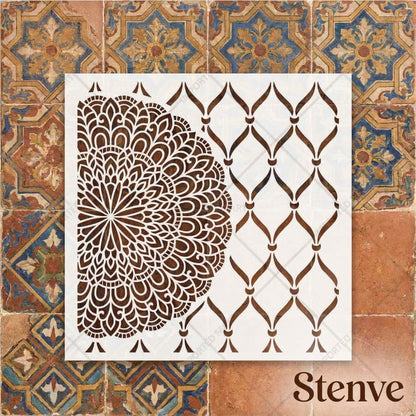 Mandala Bloom & Moroccan Mesh Stencil for Wall and Wood Art – Half Circle & Lattice Design – ID# 144