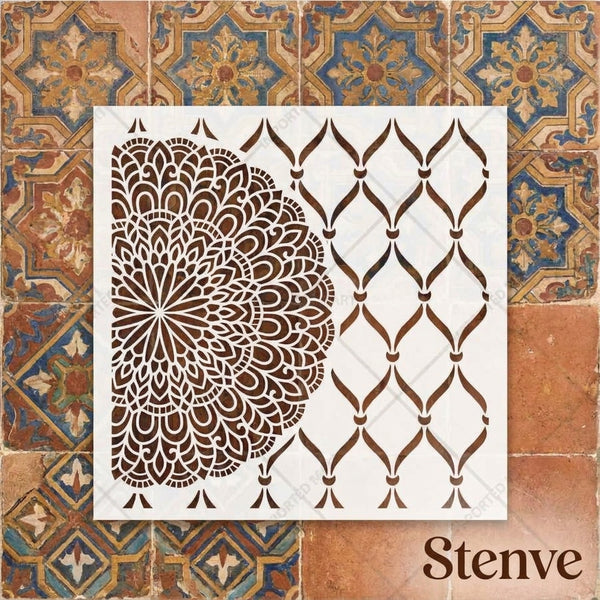 Mandala Bloom & Moroccan Mesh Stencil for Wall and Wood Art – Half Circle & Lattice Design – ID# 144