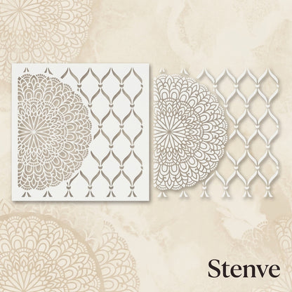 Mandala Bloom & Moroccan Mesh Stencil for Wall and Wood Art – Half Circle & Lattice Design – ID# 144