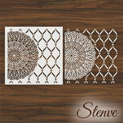 Mandala Bloom & Moroccan Mesh Stencil for Wall and Wood Art – Half Circle & Lattice Design – ID# 144