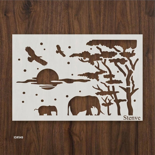 Elephant and Tree Reusable Stencil For Canvas And Wall Painting. ID #349