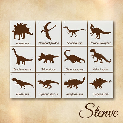 Pack of 12 Dinosaur Stencils For Canvas And Wall Painting Scrapbook Coloring Embossing Album Decorative Template.ID #489