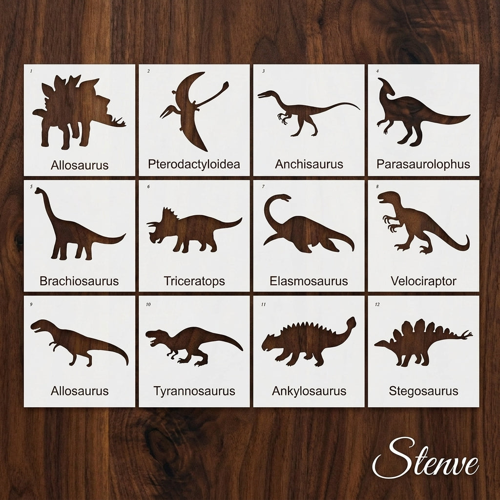 Pack of 12 Dinosaur Stencils For Canvas And Wall Painting Scrapbook Coloring Embossing Album Decorative Template.ID #489