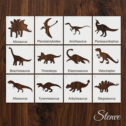 Pack of 12 Dinosaur Stencils For Canvas And Wall Painting Scrapbook Coloring Embossing Album Decorative Template.ID #489