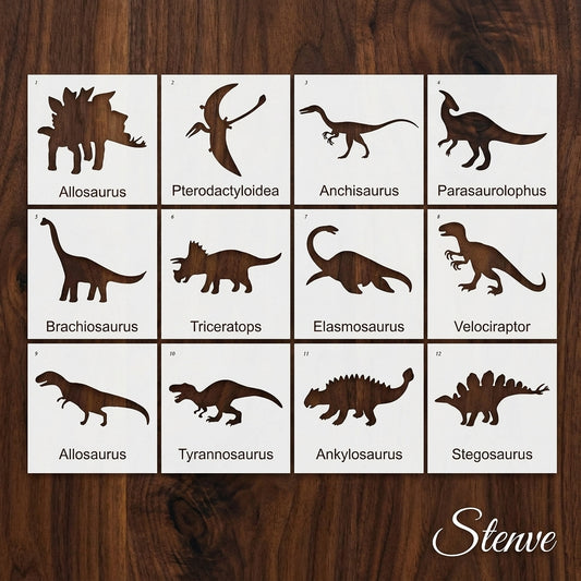 Pack of 12 Dinosaur Stencils For Canvas And Wall Painting Scrapbook Coloring Embossing Album Decorative Template.ID #489