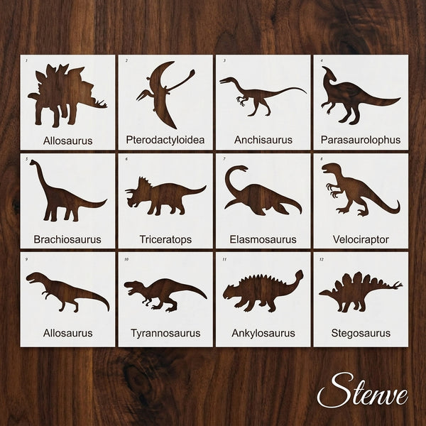 Pack of 12 Dinosaur Stencils For Canvas And Wall Painting Scrapbook Coloring Embossing Album Decorative Template.ID #489