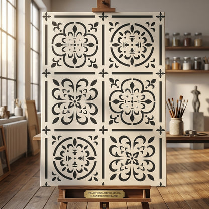 Moroccan Tile Grid Stencil – Reusable Wall, Floor & Furniture Design for Painting – ID# 636