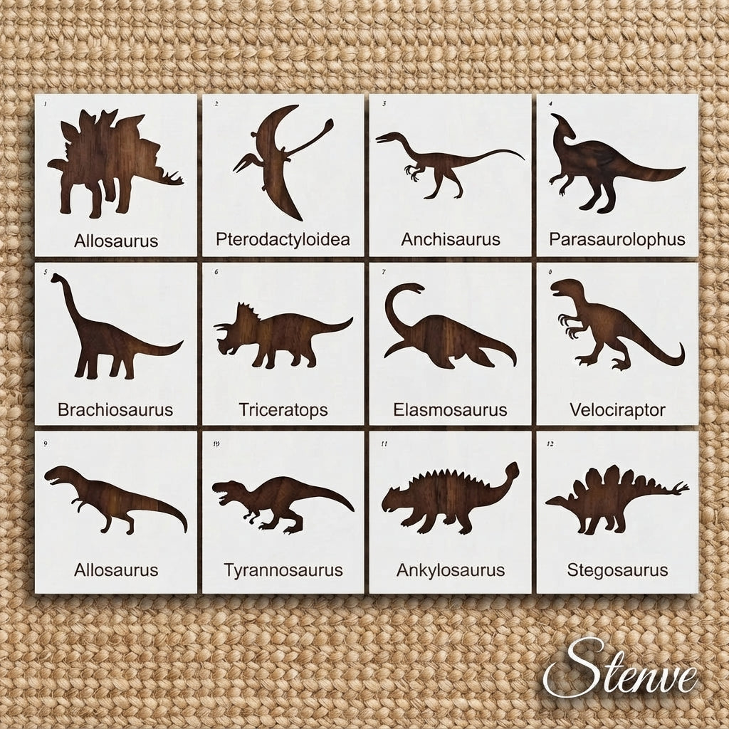 Pack of 12 Dinosaur Stencils For Canvas And Wall Painting Scrapbook Coloring Embossing Album Decorative Template.ID #489