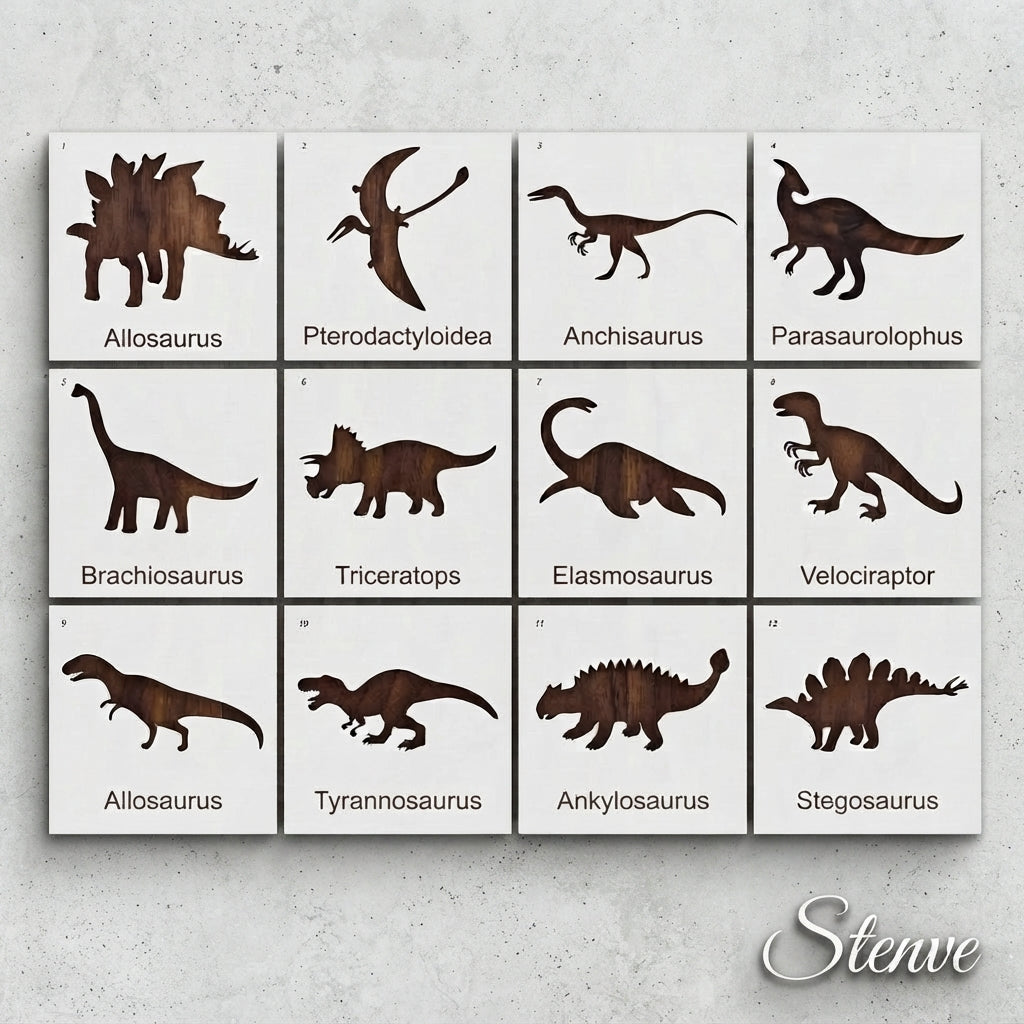 Pack of 12 Dinosaur Stencils For Canvas And Wall Painting Scrapbook Coloring Embossing Album Decorative Template.ID #489