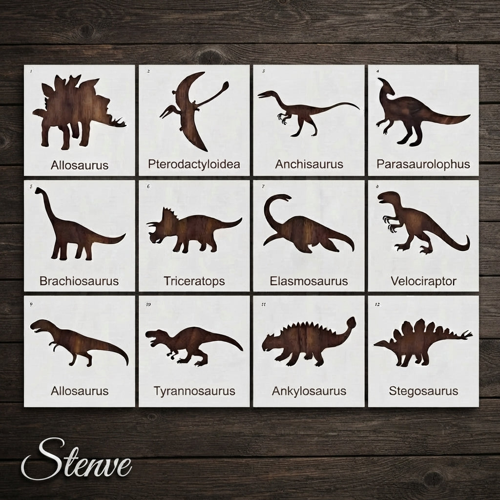 Pack of 12 Dinosaur Stencils For Canvas And Wall Painting Scrapbook Coloring Embossing Album Decorative Template.ID #489